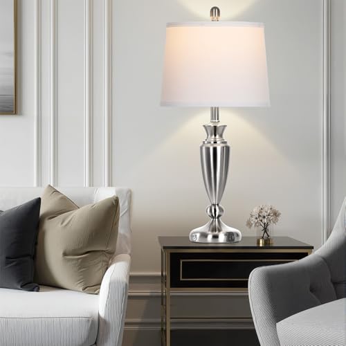 Rinweey 27" Silver Table Lamps for Living Room Single, 3 Way Touch Control Bedside Lamps with USB A+C Ports, Modern Brushed Nickel Bedroom Lamp, Metal Tall Lamp for Nightstand Desk Side Table Office - color: Silver-27"H-1PK