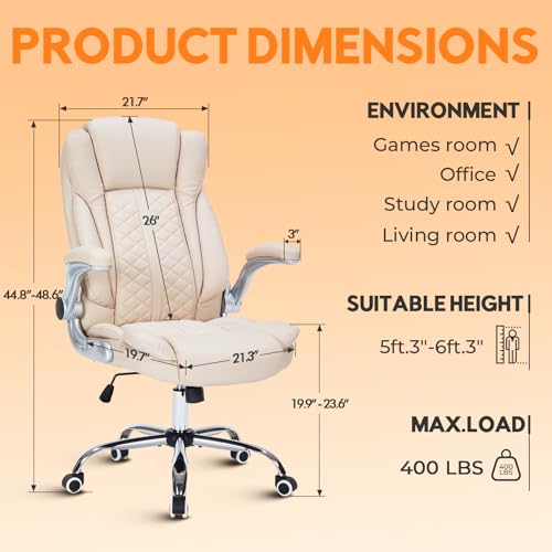 400lbs Executive Office Chair with Flip-Up Armrests, Big and Tall Computer Chair for Heavy People, Heavy Duty Ergonomic Comfy Chair, Breathable PU Leather (Cream) - color: Cream