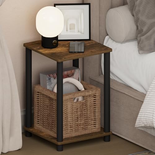 Furinno Turn-N-Tube Night Stand, 2-Tier Open Shelf Design Nightstand, Toolless Square Bedside Table, End Table, Side Table, for Bedroom, Closet, Dorm, Amber Pine - color: Amber Pine/Black, size: 2-Tier, Round Tubes