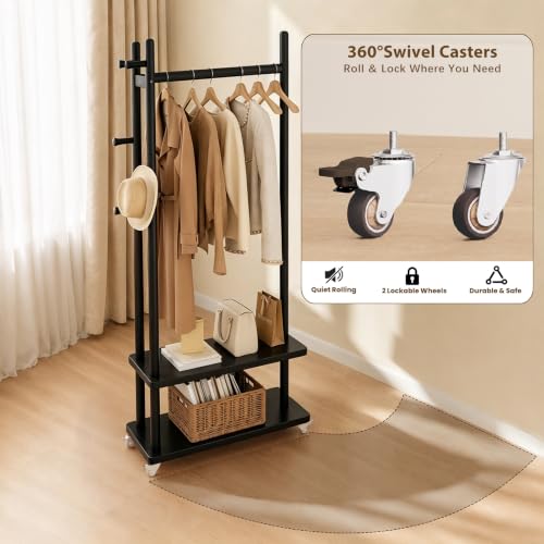 Coat Rack Solid Wood Stand Storage 2 Shelves 4 Hooks Black | Entryway hallway bedroom office, durable wood construction, freestanding design, coats hats bags storage - size: Black -S:18.9''D x 13''W x 71''H (With Wheels）