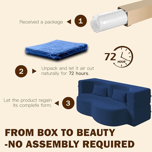 JOYBASE 78" Folding Sofa Bed, Twin Size Futon Boneless Couch, Blue | Easy Bed Conversion, No Assembly Required, Curved Backrest, Deep Seating, High-Density Foam, Matching Pillows