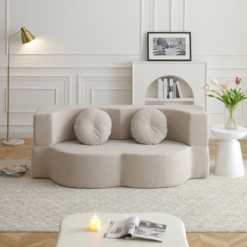 76" Convertible Folding Futon Sofa Bed, Queen Sleeper Sofa with Pillow, Teddy Floor & Futon Loveseat Couch, Foam Folding Mattress Sleeper for Living Room, Guest Use, Apartment, No Assembly (Beige) - color: Beige