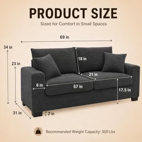 69'' Loveseat Sofa,Modern Fabric 2-Seater Sofa with 2 Pillows(Dark Grey) | Small Couches for Living Room, Office,Apartment, Small Spaces,21 in Deep Seat - color: Dark Grey