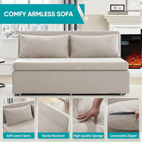 BALUS 64" W Queen Size Pull Out Sleeper Sofa Bed Couch with Pullout Bed | 2 in 1 Convertible Linen Loveseat Sofa Sleepers with Pillows and Tri-fold Mattress for Small Space Loft Home Office, Beige - color: Beige, size: Queen