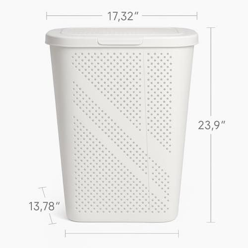 24 Inch Plastic Laundry Hamper with Hinged Lid – Space-Saving Rectangular Clothes Basket, Ventilated Design, Lightweight Laundry Organizer for Bedroom, Bathroom & Closet, White