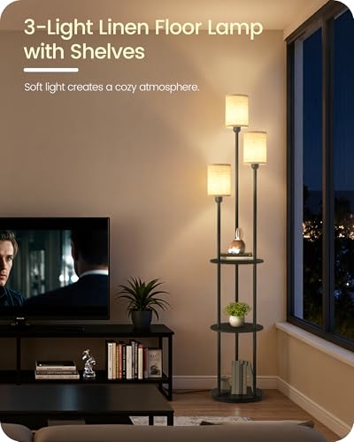 Floor Lamp with Shelves, Modern Floor Lamp with 3 Linen Shades and Foot Switch, 3-Light Standing Lamp, for Living Room, Bedroom, Study, Office, Black and Beige E53LD05 - color: Black + Beige