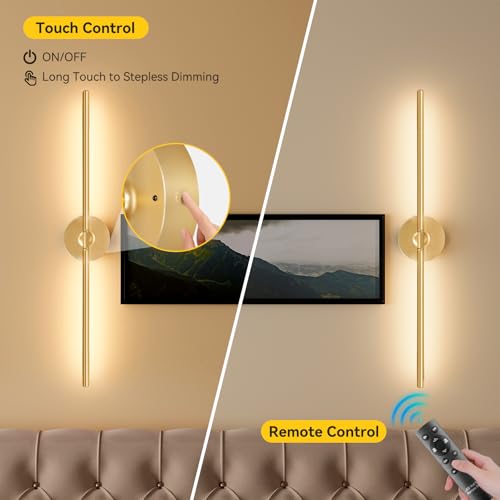 Battery Operated Wall Sconces Set of 2, 8000mAh Wireless Rechargeable 3000-6000K Dimmable 350° Rotate Wall Light with Remote for Living Room, Bedroom 31.6in Gold - color: Gold, size: 31.6in-Round Base