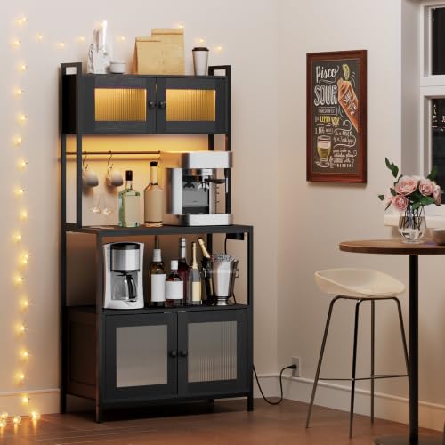 HOOBRO Bakers Rack with Storage Cabinet, 5-Tier Coffee Bar with Power Outlet and LED Lights, Industrial Microwave Oven Stand with Shelves, Kitchen Storage Shelf with Cabinet, Black BB13UDHB01 - color: Black