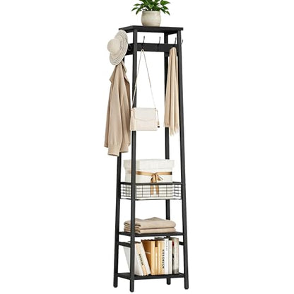 Coat Rack with Metal Basket and Storage Shelves | Coat Stand Freestanding, Hall Tree With and 7 Hooks, Clothes Rack Stand Organizer, Black - color: Black, style: 2 Shelves + 1 Basket