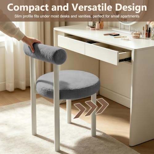 Cute Small Armless Desk Chair, Ergonomic Comfy Vanity Chairs Lumbar Support with Back for Makeup, Teddy Fabric Computer Desk Chair for Home, Bedroom, Vanity, Teens, Adults - color: Grey
