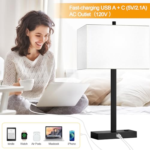 Lynnoland 21" Set of 2 Table lamp with USB A+C & AC Outlets, Touch Control 3-Way Dimmable Nightstand Lamps for Bedroom Living Room Office Reading, White Shade Touch Lamps, 5000K LED Bulbs Included - color: (2 Pack)White Line & Matte Black (Base)-Two 5000K