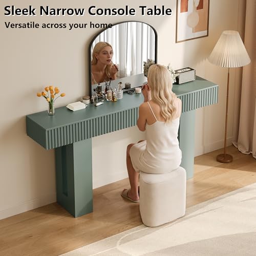 63-Inch Long Entryway Console Table with a Fluted Design, Thick Wood Farmhouse Sofa Table Behind Couch, Narrow Hallway Accent Table for Living Room, Foyer, Entrance,Green - color: Green, size: 63 Inch