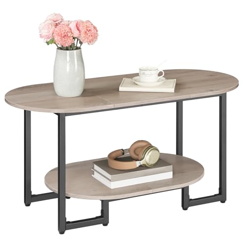 HOOBRO Coffee Table for Living Room, Oval Small Coffee Table with 2-Tier Open Storage Shelf, Industrial Cocktail Tea Table, Wooden Desktop Center Table, Farmhouse, Home Office, Greige BG09KF01 - color: Greige