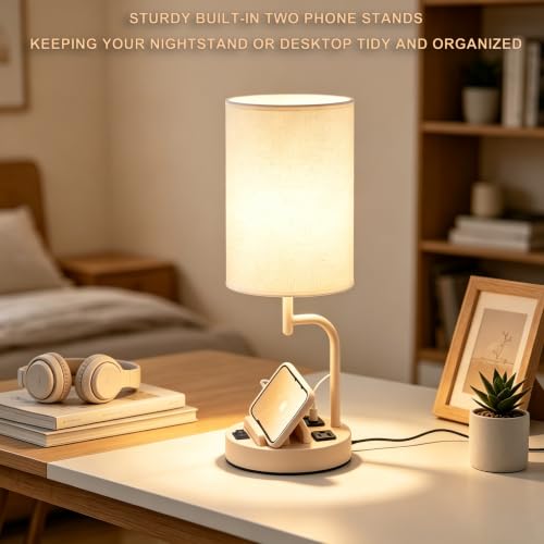 Dreamholder 2 Pack Table Lamp, Bedside Lamp with 3 USB Charging Ports & AC Outlet, USB Desk Lamp with 2 Phone Holders, Linen Fabric Shade Nightstand Lamps for Bedroom Living Room Office, Beige - color: Beige