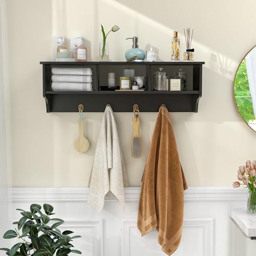 RELAX4LIFE Coat Rack Wall Mount with Shelf, 31’’ Wood Hanging Shelf with Storage, 3 Cubby Compartment & 4 Hooks for Entryway Bathroom Kitchen, Wall Mounted Floating Shelf with Hooks (Black) - color: Black
