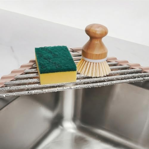 Tomorotec Triangle Roll Up Dish Drying Rack 304 Stainless Steel Beige | BPA-Free Food-Grade Silicone Edges Foldable Waterproof Rustproof Heavy-Duty Space Saver Heat Resistant to 550°F - color: Light Coffee Color