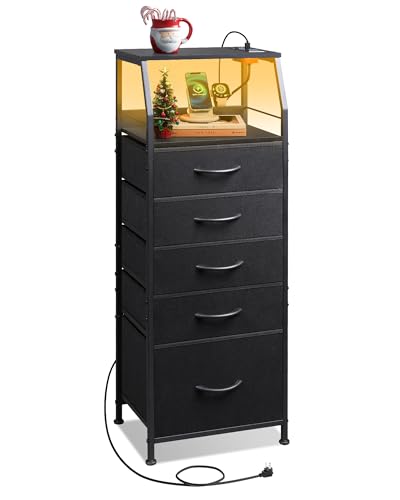 WLIVE LED Nightstand with Charging Station, Fabric Dresser with 5 Drawers for Bedroom, Tall Night Stand with Open Shelves, Bed Side Tables Living Room, Black - color: Black, size: 5 Drawers