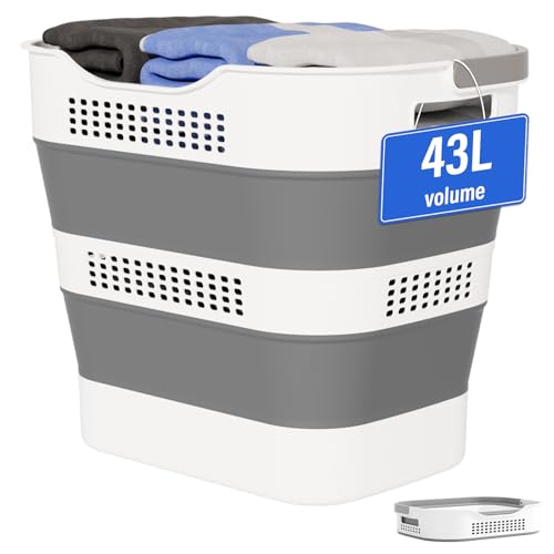 OOAMBB 43L(11.5Gallon) Collapsible Plastic Laundry Basket (Grey,1 Pack) | Foldable Laundry Basket with Handle,Pop Up Tall Storage Container/Organizer/Clothes Hamper for Laundry