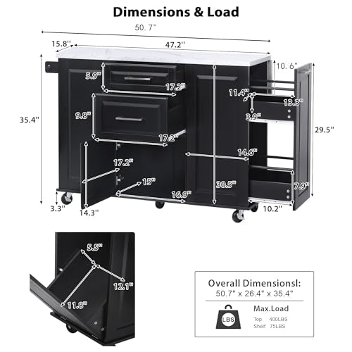 50.7" Kitchen Island with Storage Tilt Trash Can Cabinet and Pull Out Cabinet Organizer, Rolling Kitchen Island on 5 Wheels with Drop Leaf (Black/tt) - color: Black/Tt)