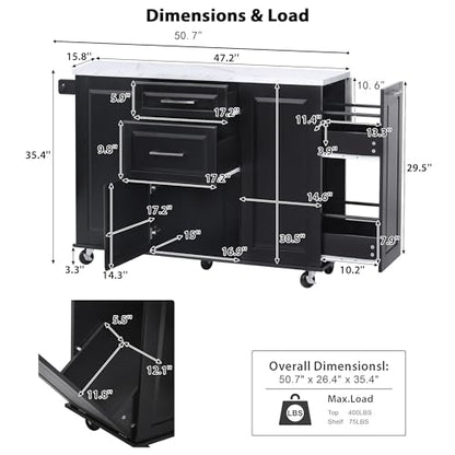 50.7" Kitchen Island with Storage Tilt Trash Can Cabinet and Pull Out Cabinet Organizer, Rolling Kitchen Island on 5 Wheels with Drop Leaf (Black/tt) - color: Black/Tt)