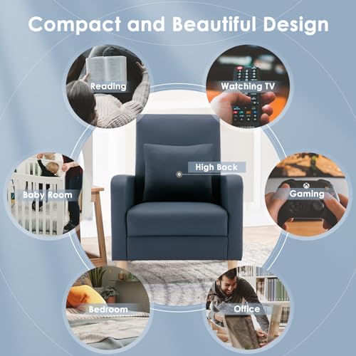 COLAMY Mid-Century Modern Accent Chair, Faux Leather Upholstered Living Room Chair with Back Pillow & Solid Wood Legs, Comfy Armchair for Living Room, Bedroom, Single Sofa, Dark Blue - color: Dark Blue, size: Set of 1