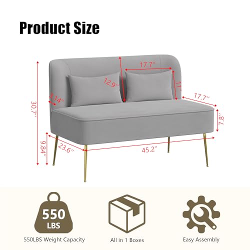 DONICK Velvet Loveseat Sofa Modern Upholstered Armless 2-Seater Sofa with 2 Lumbar Pillows,Gold Metal Legs for Small Accent Couch for Compact Living Room Bedroom Office Apartment(Grey, Loveseat)