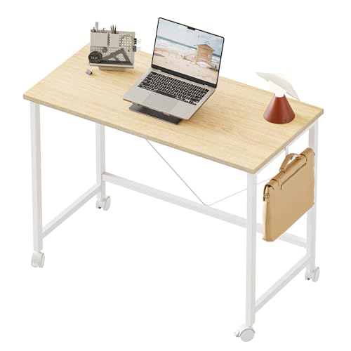 32x16 Inch Computer Desk with Wheels, Small Simple Rolling Desk | Writing Table for Home Office Bedroom Work Study, Oak - color: Oak, size: 32"x15.8"