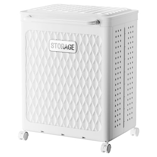 WESAPPINC 55L Collapsible Large Laundry Hamper, Plastic Laundry Basket with Wheels,Suitable for Bathroom, Bedroom, Dorm Room & Laundry Room,Basket with Handle (100L White) - color: 100L White