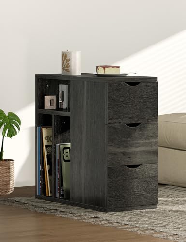 Narrow End Table with 3 Drawers, Wood Side Table with Storage Shelves for Living Room, Slim Sofa Side Table Nightstand for Bedroom (1, Black) - color: Classic Black