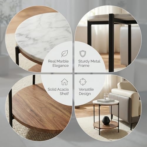 Lyra Round Marble End Table – Solid Acacia Wood Shelf, Open Storage Side Table for Living Room, Bedroom, Entryway, Small Spaces – Nightstand, Plant Stand, Modern Accent Table with Metal Frame - color: Lyra White
