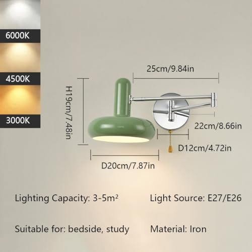 Wrought Iron Swing Arm Wall Sconce Mid Century Modern Wall Light with Pull Chain Switch 180 Degree Adjustable Bedside Reading Lamp for Bedroom Study E26 Base(White) - color: White