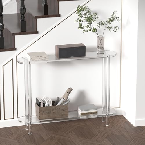 Acrylic Console Table 7.8" D x 39.4" W x 31.2" H, Narrow Console Table, Skinny Entryway Table for Sofa, Foyer, Hallway, Living Room, Modern, 2-Tier, Clear