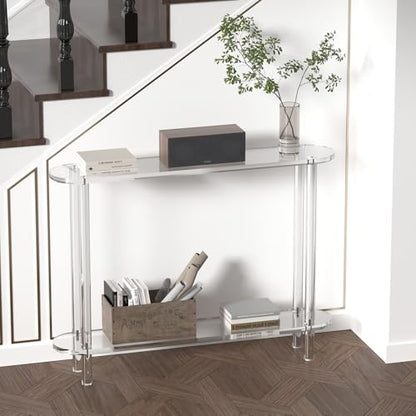 Acrylic Console Table 7.8" D x 39.4" W x 31.2" H, Narrow Console Table, Skinny Entryway Table for Sofa, Foyer, Hallway, Living Room, Modern, 2-Tier, Clear
