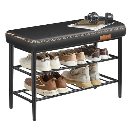 VASAGLE Shoe Bench, Synthetic Leather with Stitching, Loads 300 lb | Shoe Rack Bench Entryway, Mid-Century Modern, 31.5 x 11.8 x 19.7 Inches, Ink Black, EKHO Collection ULSB054B01 - color: Ink Black, size: 31.5"W