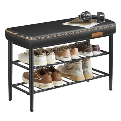 VASAGLE Shoe Bench, Synthetic Leather with Stitching, Loads 300 lb | Shoe Rack Bench Entryway, Mid-Century Modern, 31.5 x 11.8 x 19.7 Inches, Ink Black, EKHO Collection ULSB054B01 - color: Ink Black, size: 31.5"W