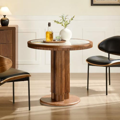 33.07 inch Mid-Century Round Dining Table for 2-4 People, 9mm Sintered Stone Recessed Tabletop, Solid Wood Reinforced MDF Frame, Compact Circular Bistro Table for Kitchen Dining Room - color: 33.07 Inch Walnut