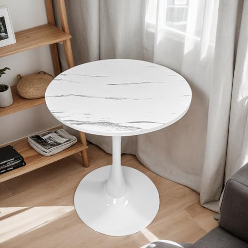 24" Tulip Table for 1-2 Persons Modern Round Dining Table, Mid-Century Modern White Marble Small Kitchen Table with MDF Wooden Top, Leisure Coffee Table for Living Room, Dining Room, Office - color: White Marble, size: 24"
