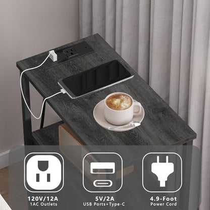 TUTOTAK Narrow End Table with Charging Station, Skinny Side Table | Bedside Table with Outlets, Nightstand with 2 Cloth Drawers, Couch Table for Living Room, Bedroom, Charcoal Grey TB01BY055 - color: Charcoal Grey, style: 2 Drawers & Plug