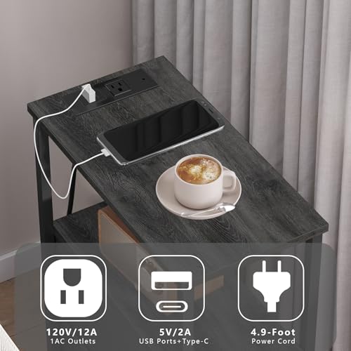 TUTOTAK Narrow End Table with Charging Station, Skinny Side Table | Bedside Table with Outlets, Nightstand with 2 Cloth Drawers, Couch Table for Living Room, Bedroom, Charcoal Grey TB01BY055 - color: Charcoal Grey, style: 2 Drawers & Plug