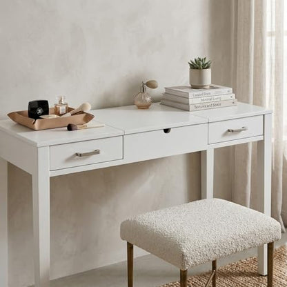 Hives and Honey Parsons Vanity Desk, Lift-Top Mirror, Storage, USB & Power Outlet, 2 Drawers, Smooth Glide, Modern Wood Grain Design, Brushed Chrome Hardware, Makeup & Dressing Table, White - color: White