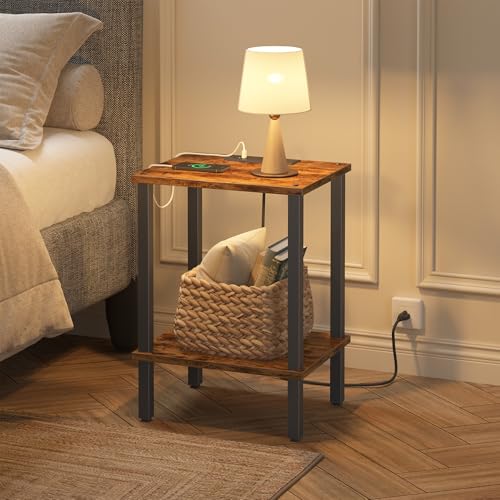TUTOTAK End Table with Charging Station, Side Table Set of 2, Nightstand | 2-Tier Storage Shelf, Bedside Table with USB Ports, Sofa Table for Small Space Livingroom Bedroom Brown and Black TB01BB041 - color: Brown