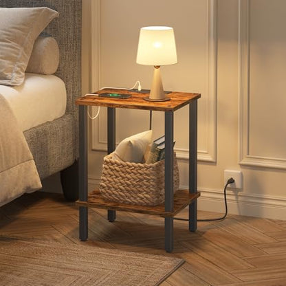 TUTOTAK End Table with Charging Station, Side Table Set of 2, Nightstand | 2-Tier Storage Shelf, Bedside Table with USB Ports, Sofa Table for Small Space Livingroom Bedroom Brown and Black TB01BB041 - color: Brown