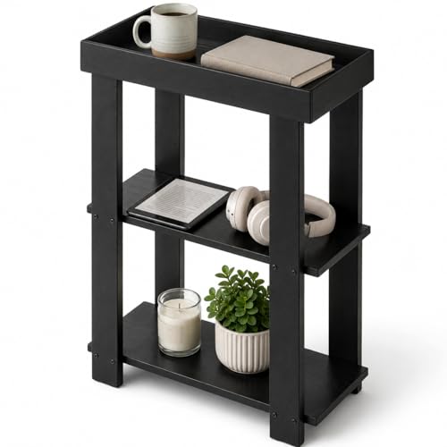 3-Tier Narrow Side Table with Tray Top, Slim Side Table, Black | Farmhouse Narrow End Table with Storage, Modern Slim Table Nightstand for Small Spaces, Bedroom or Living Room - color: Black