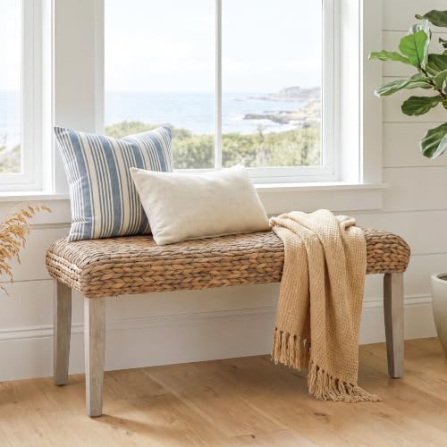 Solid Wood Acacia Indoor Bench, Natural Woven Water Hyacinth Seat, Grey Leg | Fishbone Style for Living Room or Entryway, Farmhouse Boho Coastal Bench - color: Fishbone - Grey Leg & Water Hyacinth