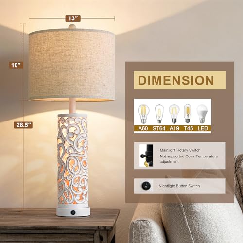 2-in-1 Light Table Lamp Set of 2 for Living Room, 28.5" Farmhouse Bedside Lamps with USB Charging Port, Main&Night Light & Dual Switches, Nightstand Lamp for Bedroom Home Office(Bulb Included) - color: Matte White