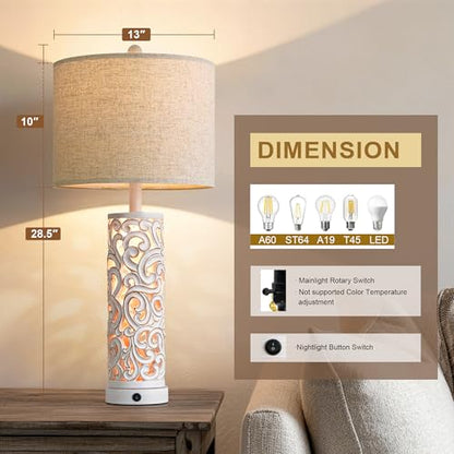 2-in-1 Light Table Lamp Set of 2 for Living Room, 28.5" Farmhouse Bedside Lamps with USB Charging Port, Main&Night Light & Dual Switches, Nightstand Lamp for Bedroom Home Office(Bulb Included) - color: Matte White