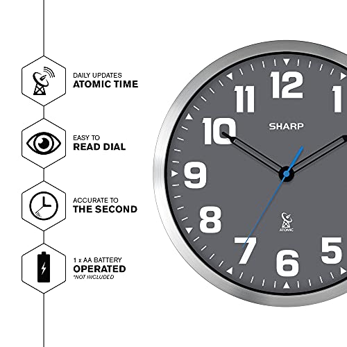 Sharp 12-Inch Atomic Wall Clock, Battery Powered, Grey Face Silver Frame | Self-setting atomic time; Easy-read analog face; Automatic time adjustment; Simple setup; Versatile home or office style - color: Silver / Grey, size: Large