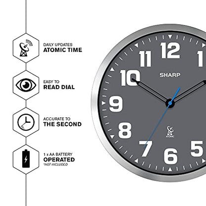 Sharp 12-Inch Atomic Wall Clock, Battery Powered, Grey Face Silver Frame | Self-setting atomic time; Easy-read analog face; Automatic time adjustment; Simple setup; Versatile home or office style - color: Silver / Grey, size: Large