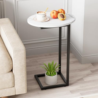 C Shaped End Table, Oval Side Tables on Couch, Black | TV Tray that Slide Under , Narrow Sofa Table with Metal Frame for Small Space Sofa Living Room Bedroom - color: White Marble+black