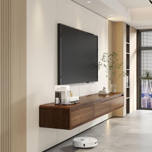 Fully-Assembled Minimalist Floating TV Stand, Modern Wall Mounted TV Console with Cable Management, Scratch-Resistant Solid Wood Media Cabinet for Living Room and Bedroom (Walnut, 78.7in) | Walnut Finish. Supports 200lbs, hidden cable management & storage